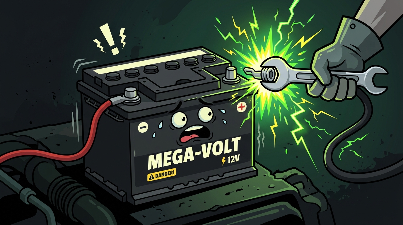 Disconnecting battery cable warning cartoon